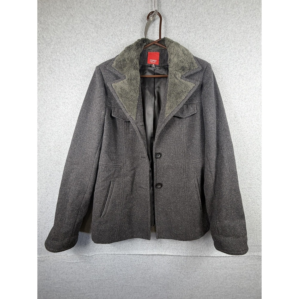 Esprit Coat Womens Medium Gray Wool Faux Fur Collar Button Lined Short Warm